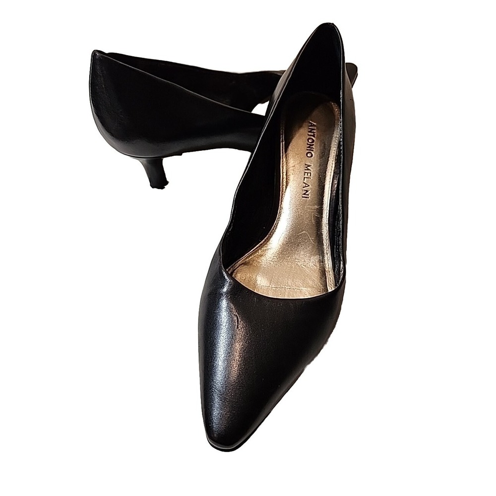 Antonio Melani Black Leather Pointed Toe Kitten Heel Pumps Womens 8M